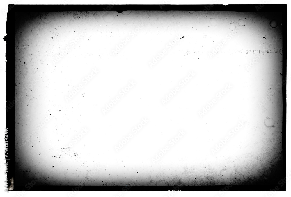 Vintage slide film frame of an old camera with dusts and scratches and lens vignette template with splatters on transparent background (png image).