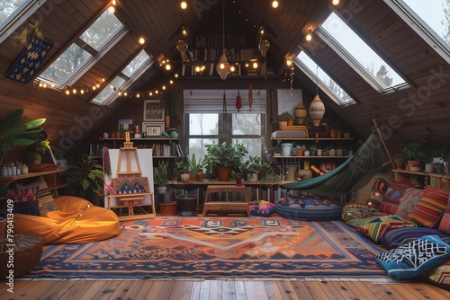 Bohemian-style attic studio with vibrant textiles  eclectic furniture  and an abundance of natural plants