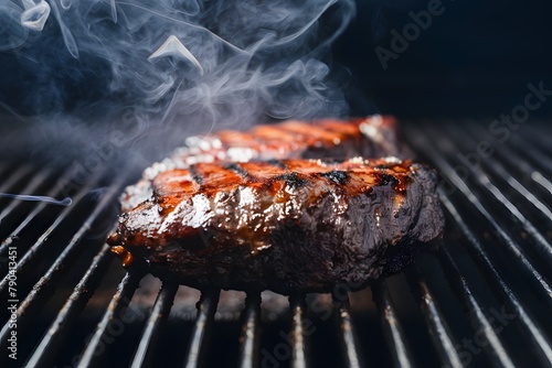 Barbecued beef grilling with smoky aroma on the broiler photo
