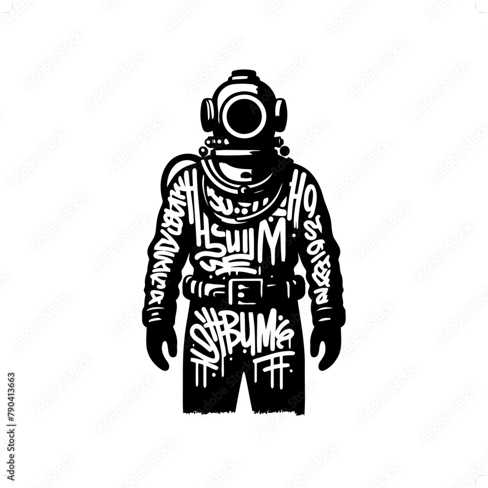 diving suit silhouette, people in graffiti tag, hip hop, street art typography illustration.