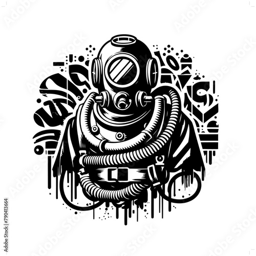 diving suit silhouette, people in graffiti tag, hip hop, street art typography illustration.