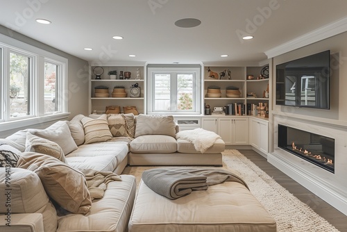 Bright and airy basement conversion into a spacious living area, with large egress windows ensuring plenty of natural light.