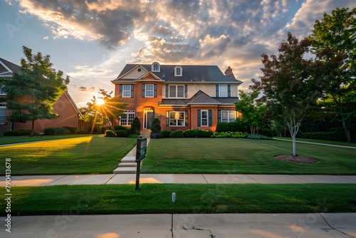 Sunset View of Charming Brick Home with 'For Sale' Sign in Yard: A Symbol of New Beginnings