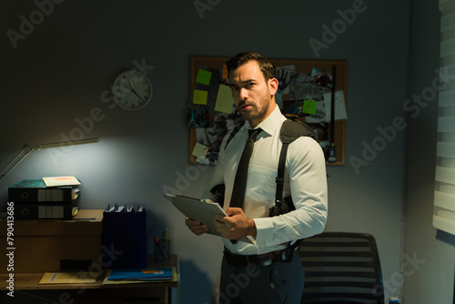 Serious detective reviewing case files in a dimly lit office, making eye contact