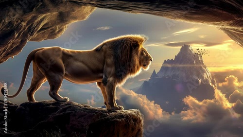 A lion stands on a rock in a cave at sunset with sunlight and mountains in the background. The Magnificent King of Beasts photo