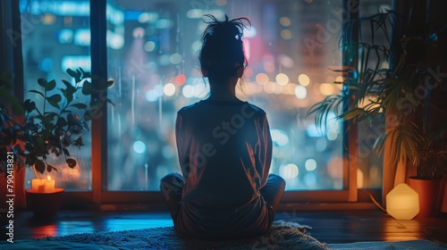 A girl sitting on the floor in front of a window  looking out at the city lights.