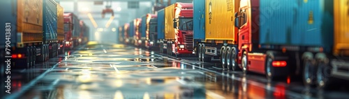 A long line of semi trucks on a wet road photo