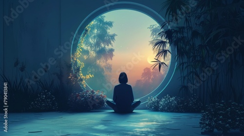 A person meditating in a zen garden with a large round window looking out onto a bamboo forest.
