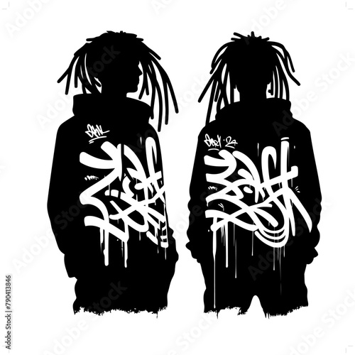 rasta; dreadlock silhouette, people in graffiti tag, hip hop, street art typography illustration.