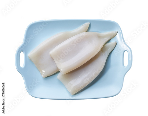Fresh body squids in a blue plate isolated on a white background.