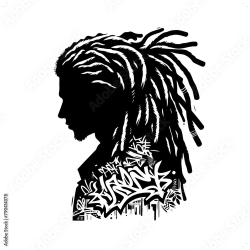 rasta; dreadlock silhouette, people in graffiti tag, hip hop, street art typography illustration.