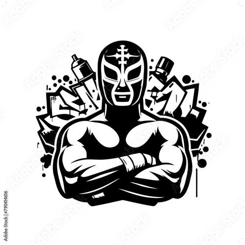 lucha libre silhouette, people in graffiti tag, hip hop, street art typography illustration.