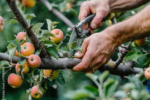 A gardener trims the branches of an apple tree. The concept of organic farming, eco products, natural healthy nutrition