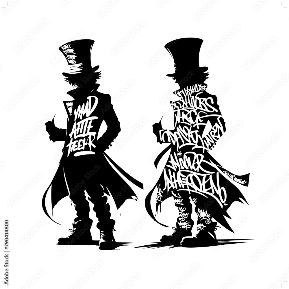 mad hatter silhouette, people in graffiti tag, hip hop, street art typography illustration.