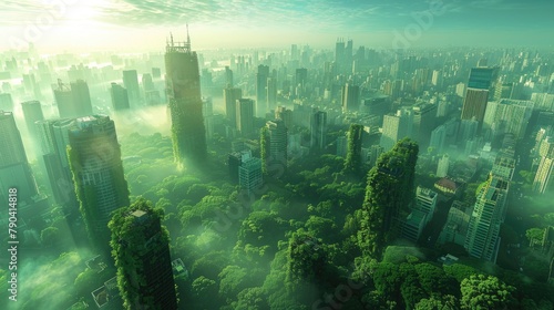 A panoramic view of a futuristic city skyline with green skyscrapers