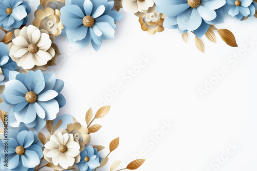 Blue and white flowers with gold leaves on white background. Copy space