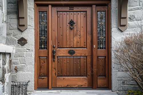 Elegant solid wood entry door featuring intricate carvings and a rich, mahogany stain