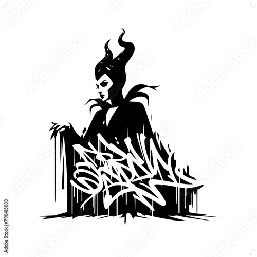 witch queen silhouette, people in graffiti tag, hip hop, street art typography illustration.