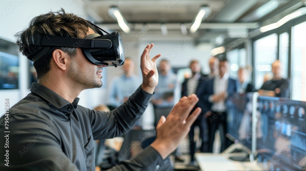 business people are standing at a large conference table wearing VR headsets and are engaged in an online meeting people in the meeting are discussing a new technology that will revolutionize the way business people are standing at a large conference table wearing VR headsets and are engaged in an online meeting people in the meeting are discussing a new technology that will revolutionize the way