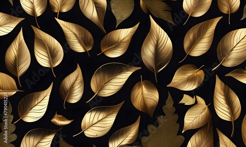 wallpaper representing patinated gold colored leaves, in 3D.