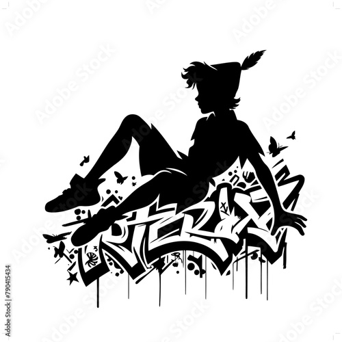 peterpan silhouette, people in graffiti tag, hip hop, street art typography illustration. photo