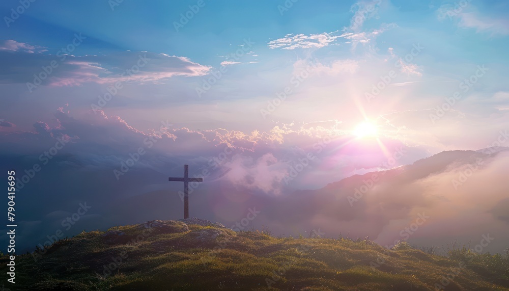 Obraz premium The Christianity themed with a dramatic beautiful of light vibrant background. Beautiful clouds, symbolizes humanity's hope for salvation