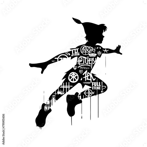 peterpan silhouette, people in graffiti tag, hip hop, street art typography illustration.