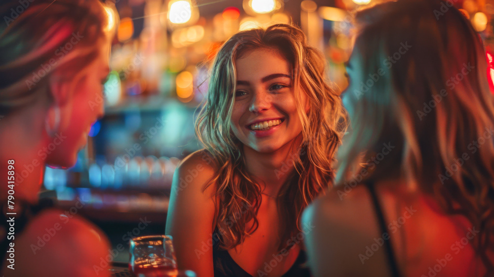 Three young women gather in a cozy bar or night club  smiling, radiating warmth and camaraderie