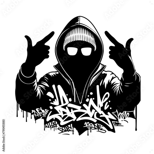 rap; hiphop silhouette, people in graffiti tag, hip hop, street art typography illustration.