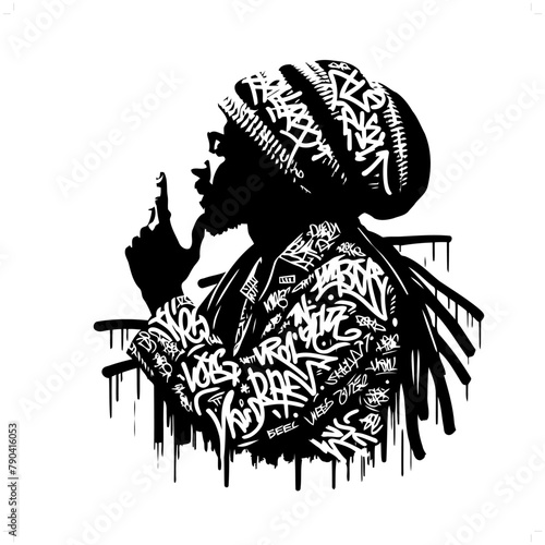 rasta; dreadlock silhouette, people in graffiti tag, hip hop, street art typography illustration.