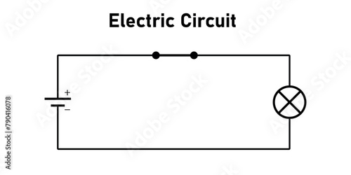 Simple electric circuit diagram. Battery, switch, wire and light bulb.