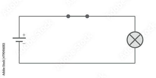 Simple electric circuit diagram. Battery, switch, wire and light bulb.