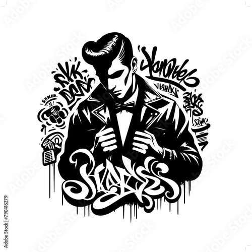 rock and roll; rockabilly silhouette, people in graffiti tag, hip hop, street art typography illustration.