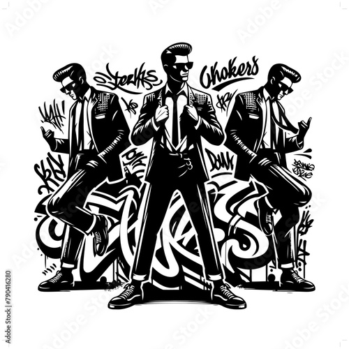 rock and roll; rockabilly silhouette, people in graffiti tag, hip hop, street art typography illustration.