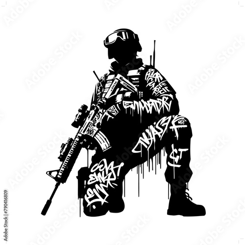 soldier silhouette, people in graffiti tag, hip hop, street art typography illustration.