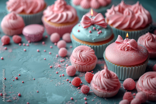 Delectable Cupcakes with Pastel Frostings Amidst Candies and Ribbons on a Textured Background