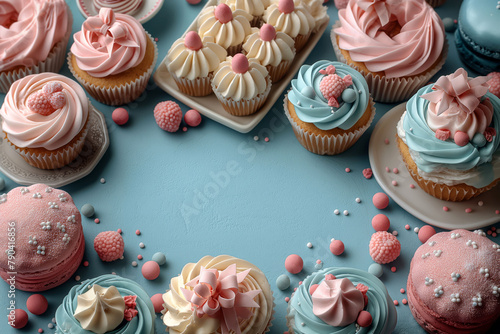  Inviting cupcakes adorned with pastel frostings, candies, and ribbons, tastefully arranged on a textured background