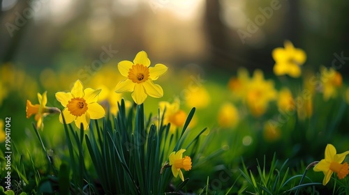 Lush green meadow adorned with vibrant daffodils in full bloom, creating a picturesque scene