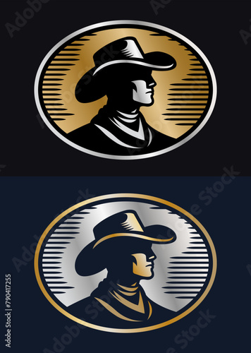 Cowboy stylized silhouette label belt buckle vector design