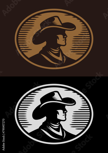 Cowboy stylized silhouette label belt buckle vector design