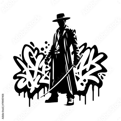 mask zorro silhouette, people in graffiti tag, hip hop, street art typography illustration.