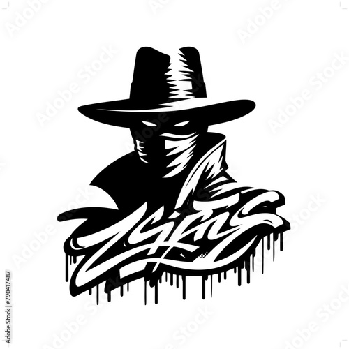 mask zorro silhouette, people in graffiti tag, hip hop, street art typography illustration.