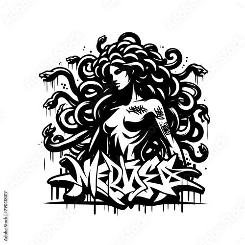 medua; mythology creature silhouette, graffiti tag, hip hop, street art typography illustration.