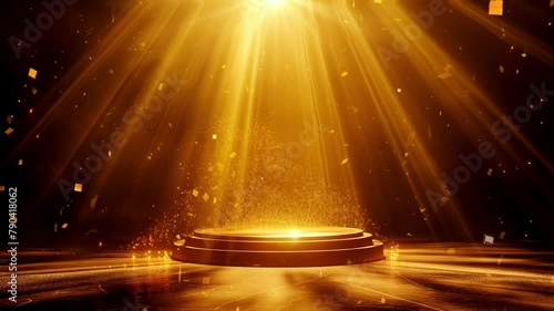 Round podium with golden light lamp background with splashes and confetti