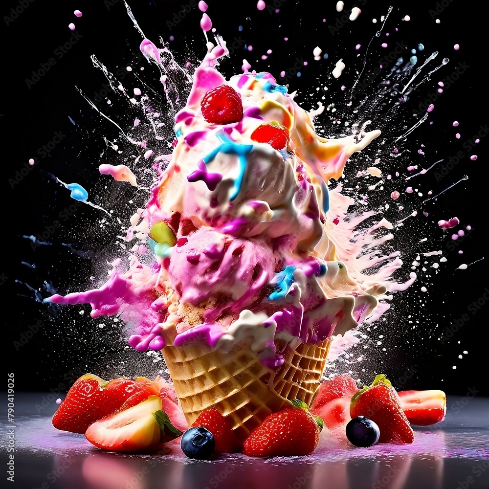 Delicious ice cream explosion, cut out with fruits

