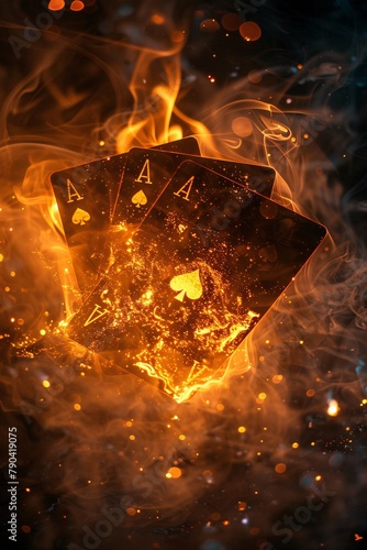 Three aces of spades playing cards in flames with glowing embers and smoke