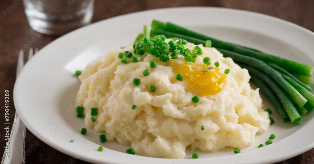 A white plate is displayed with a generous serving of creamy mashed potatoes and vibrant green beans on top.
