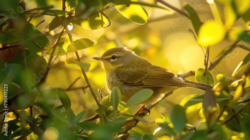 Orange crowned Warbler resting in foliage in morning sunlight at Fish Haul Beach Park on Hilton Head Island photo