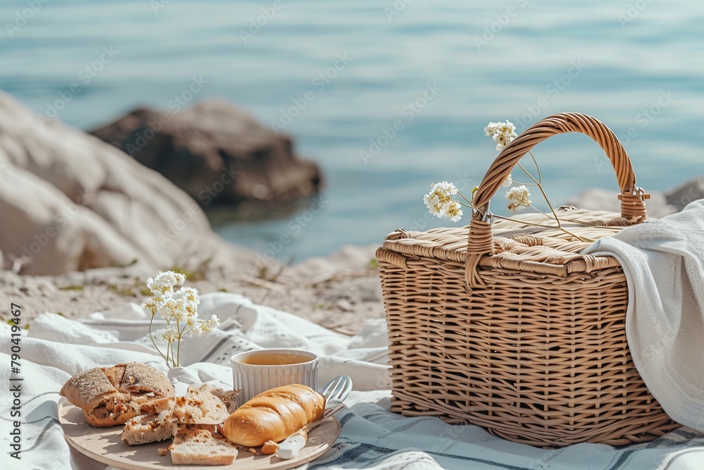 Picnic basket full of food, summer picnic on the sea, vacation concept Picnic basket full of food, summer picnic on the sea, vacation concept