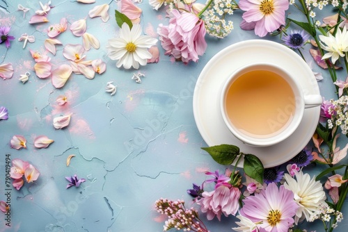 Flowers encircle a teafilled cup on a blue table